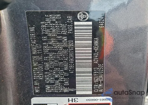 2008 Toyota Camry Ce из США, поврежденный, VIN 4T1BE46K38U767920